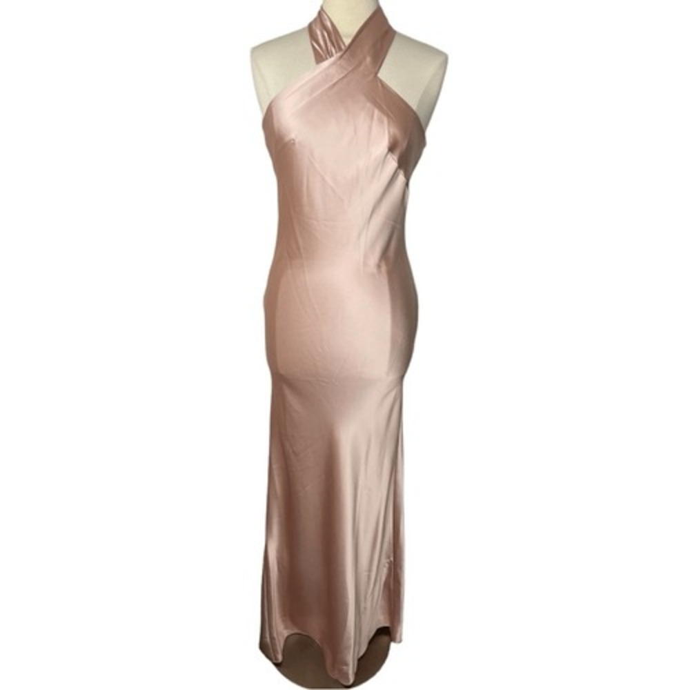 LOVELY Imogen Draped Twist Halter Tie-Back Trumpet Gown in Toasted Sugar, XS